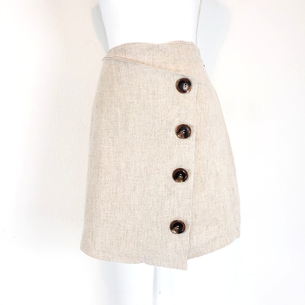 NEW!! Fashion On Earth SIZE S Faux Wrap Lined Skirt Beige Buttons Linen Blend
